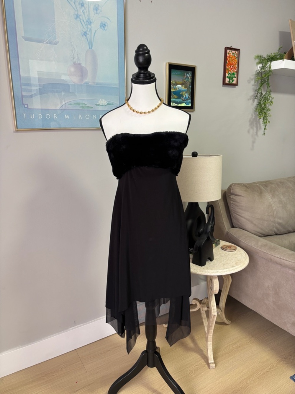Black Strapless Faux-Fur Bandeau Hem Dress